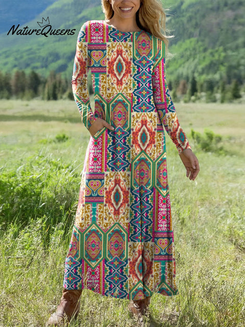 Women's Retro Ethnic Pattern Art Print Long-sleeved Dress
