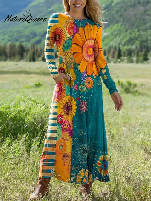 Women's Floral Pattern Art Print Long-sleeved Dress