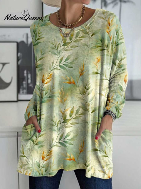 Women's Leaves Pattern Art Print Casual Long Sleeve T-shirt
