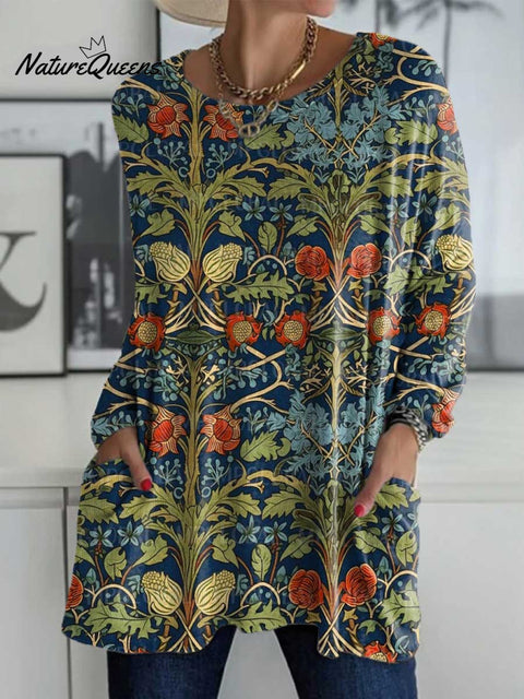 Women's Retro Floral Pattern Art Print Casual Long Sleeve T-shirt