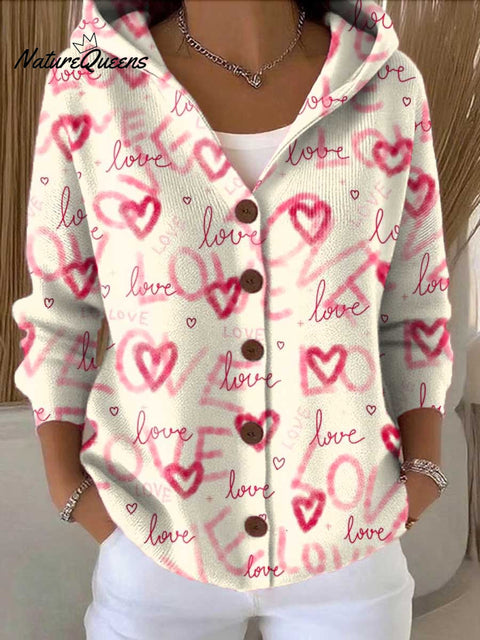 Women's Love Art Printed Casual Hooded Button Sweater