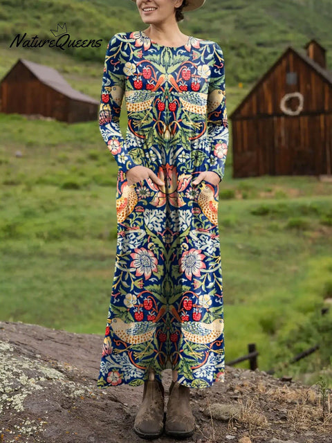 Women's Retro Floral Art Print Long-sleeved Dress