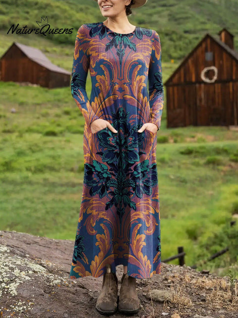 Women's Retro Floral Art Print Long-sleeved Dress