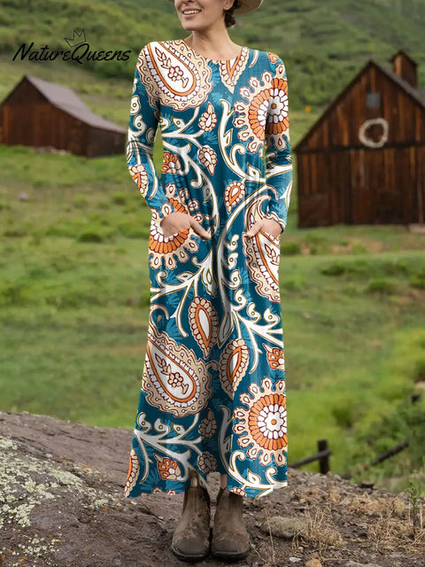 Women's Retro Floral Art Print Long-sleeved Dress