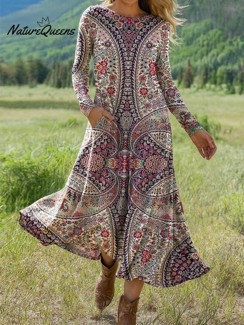 Women's Retro Floral Art Print Long-sleeved Dress
