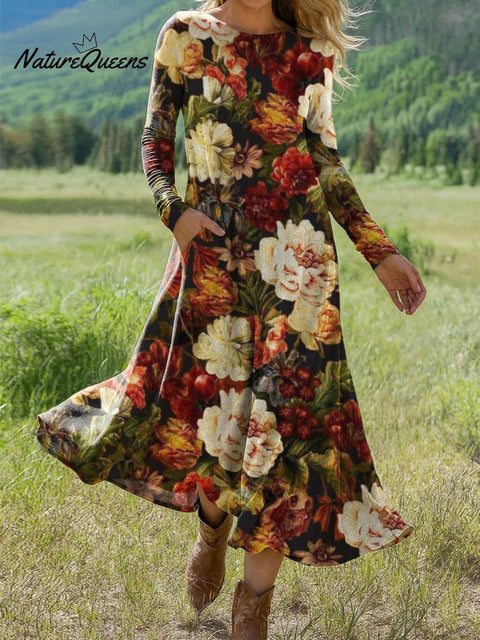 Women's Retro Floral Art Print Long-sleeved Dress