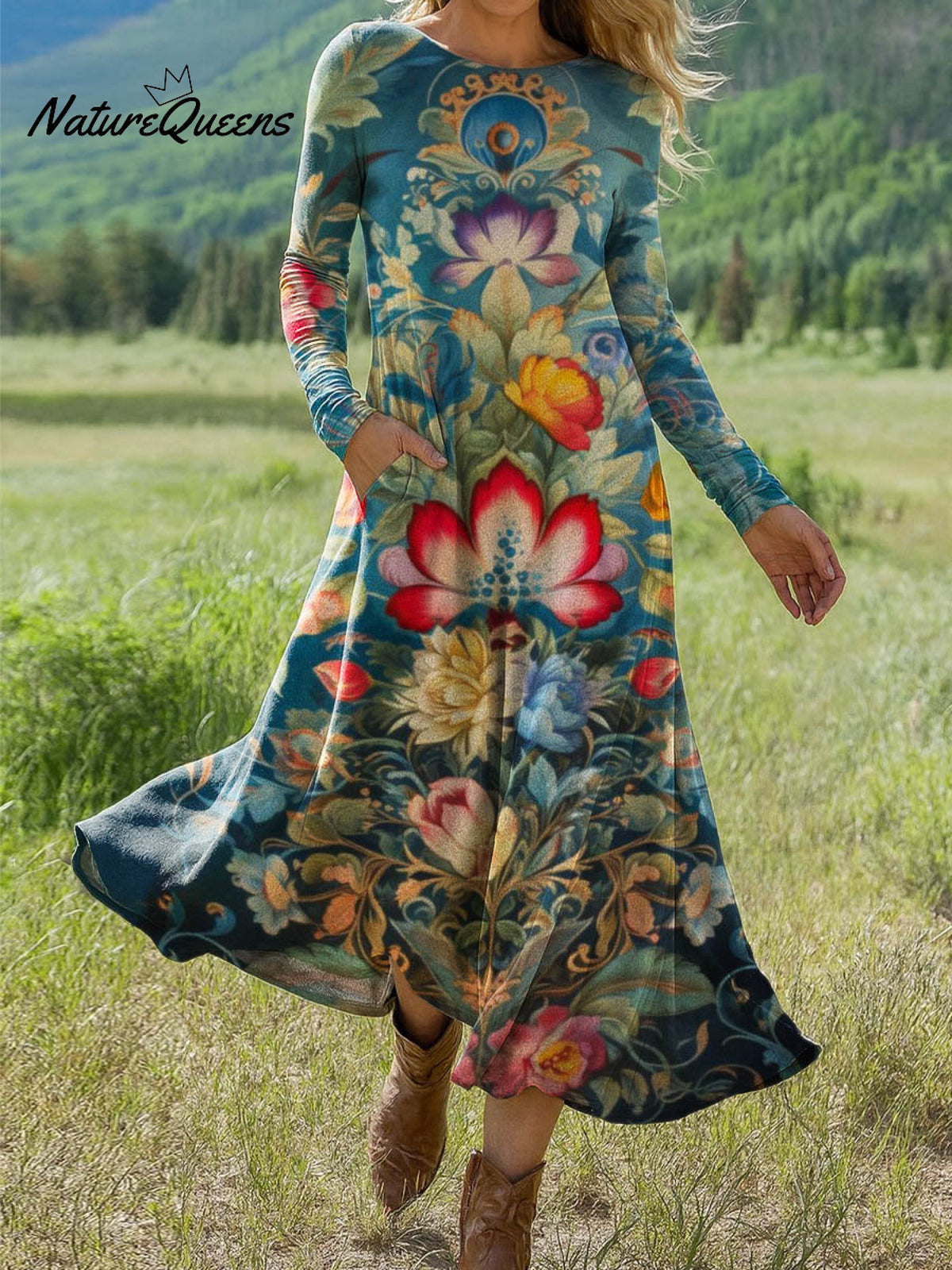 Women's Retro Floral Art Print Long-sleeved Dress
