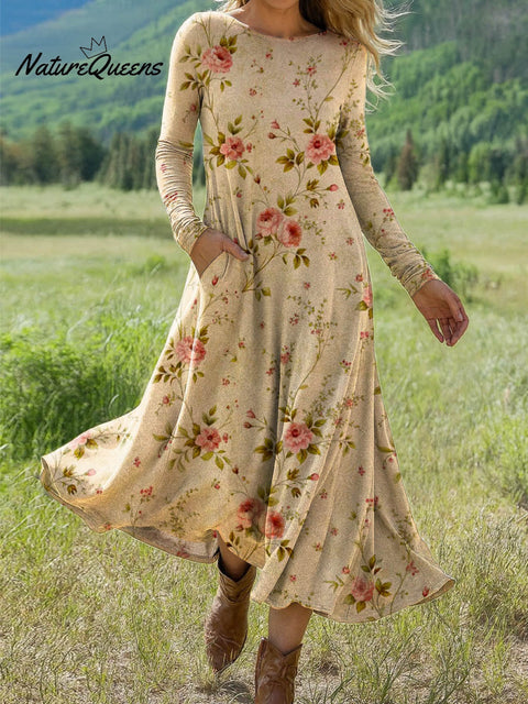Women's Retro Floral Art Print Long-sleeved Dress