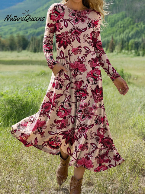 Women's Retro Floral Art Print Long-sleeved Dress