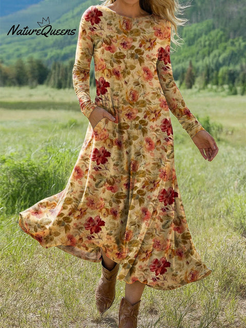 Women's Retro Floral Art Print Long-sleeved Dress