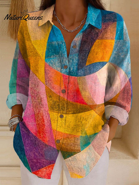 Women's Geometric Pattern Art Print Casual Cotton Shirt