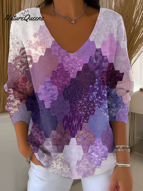 Women's Patchwork Pattern Art Print Casual Pullover Sweater