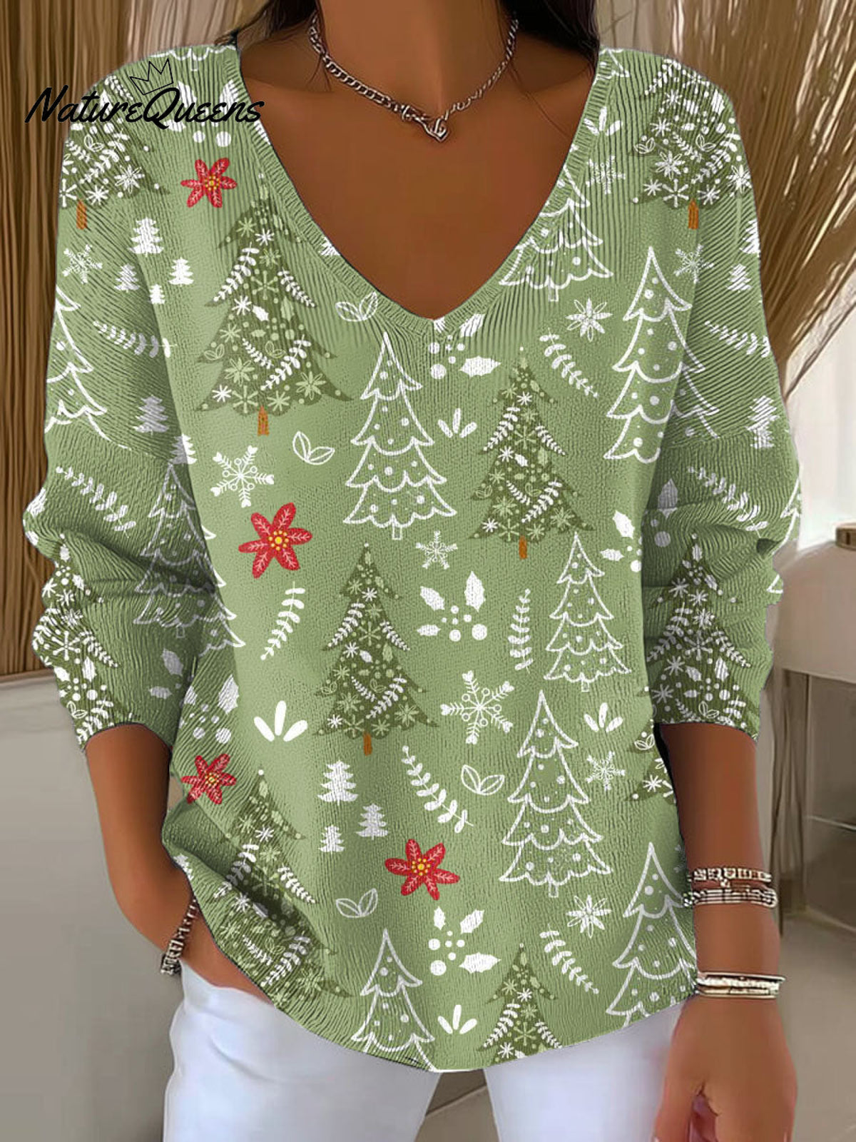Women's Lovely Christmas Tree Pattern Art Print Casual Pullover Sweater
