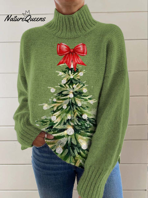 Women's Christmas Tree Art Print Knit Turtleneck Pullover Sweater