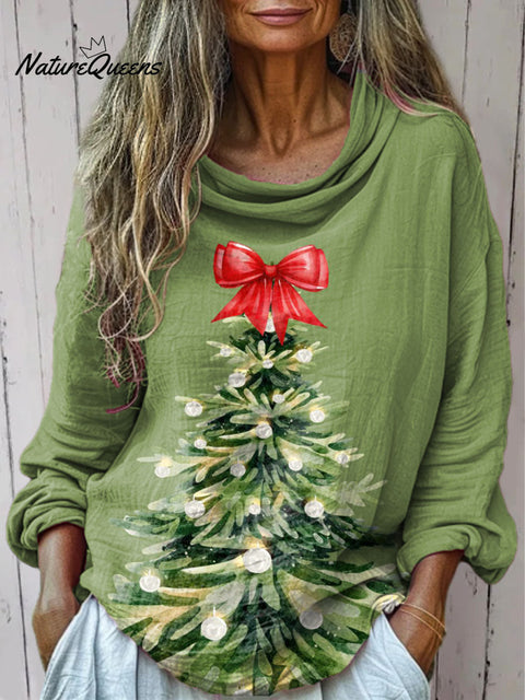 Women's Christmas Tree Pattern Art Print Casual Long Sleeve Comfortable Cotton Shirt