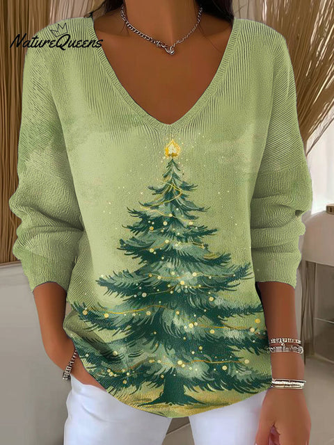 Women's Lovely Christmas Tree Pattern Art Print Casual Pullover Sweater