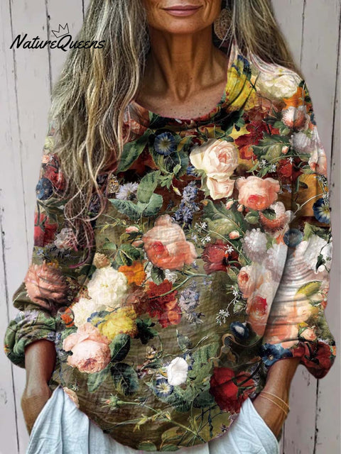 Women's Retro Floral Art Print Casual Long Sleeve Comfortable Cotton Shirt