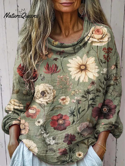 Women's Retro Floral Art Print Casual Long Sleeve Comfortable Cotton Shirt