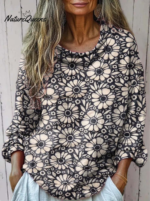 Women's Retro Floral Art Print Casual Long Sleeve Comfortable Cotton Shirt