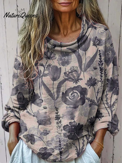 Women's Retro Floral Art Print Casual Long Sleeve Comfortable Cotton Shirt