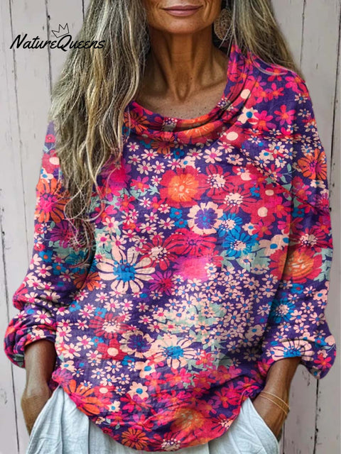 Women's Retro Floral Art Print Casual Long Sleeve Comfortable Cotton Shirt