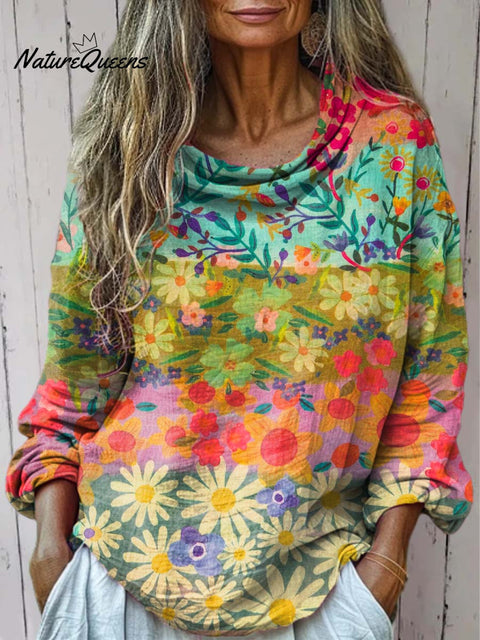 Women's Retro Floral Art Print Casual Long Sleeve Comfortable Cotton Shirt