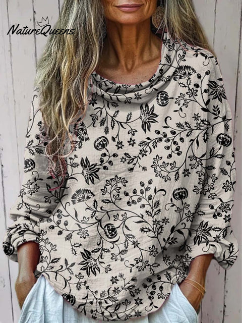 Women's Retro Floral Art Print Casual Long Sleeve Comfortable Cotton Shirt