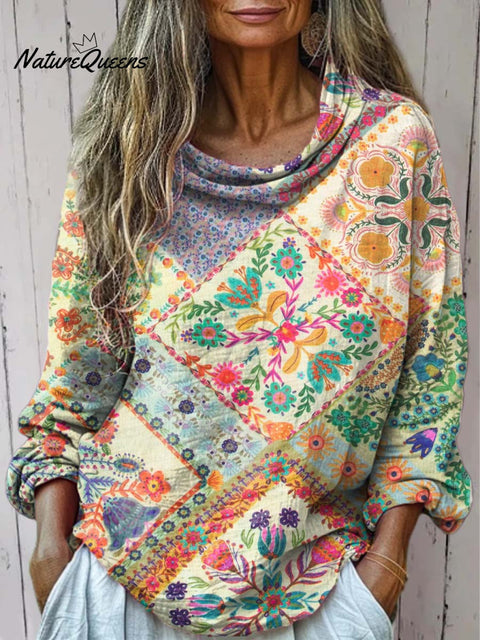 Women's Retro Floral Art Print Casual Long Sleeve Comfortable Cotton Shirt