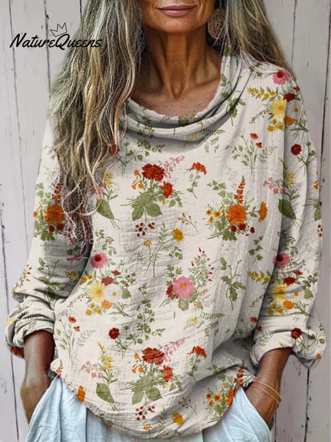Women's Retro Floral Art Print Casual Long Sleeve Comfortable Cotton Shirt