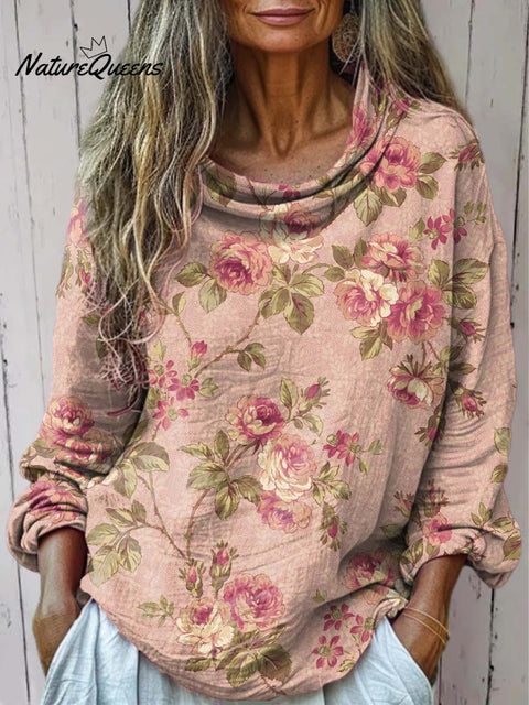 Women's Retro Floral Art Print Casual Long Sleeve Comfortable Cotton Shirt
