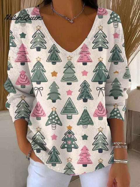 Women's Christmas Tree Pattern Art Print Casual Pullover Sweater