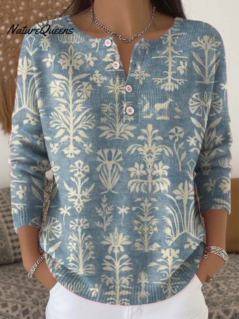 Women's Floral Pattern Art Print Buttoned Cardigan Sweater