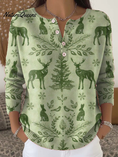 Women's Christmas Pattern Art Print Buttoned Cardigan Sweater