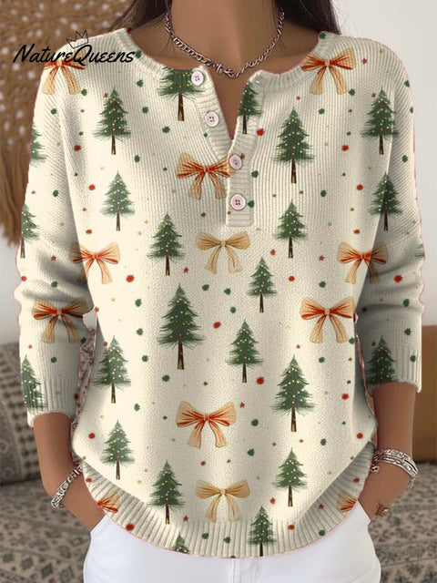 Women's Christmas Tree Art Print Buttoned Cardigan Sweater