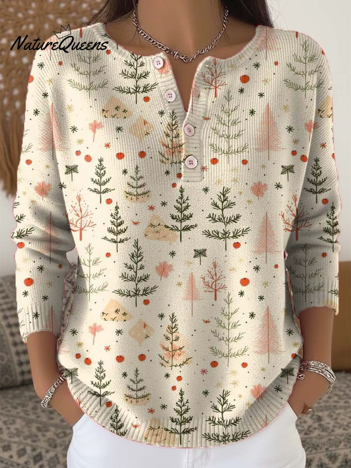 Women's Christmas Tree Art Print Buttoned Cardigan Sweater