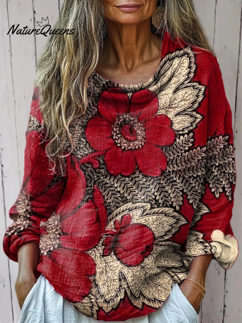 Women's Floral Art Print Casual Long Sleeve Comfortable Cotton Shirt