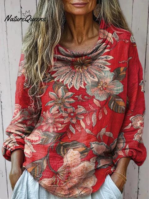 Women's Floral Art Print Casual Long Sleeve Comfortable Cotton Shirt