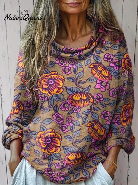 Women's Floral Art Print Casual Long Sleeve Comfortable Cotton Shirt
