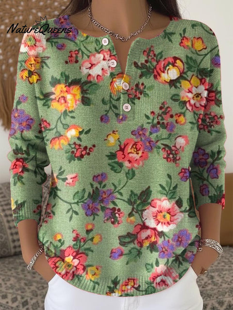 Women's Floral Pattern Art Print Buttoned Cardigan Sweater
