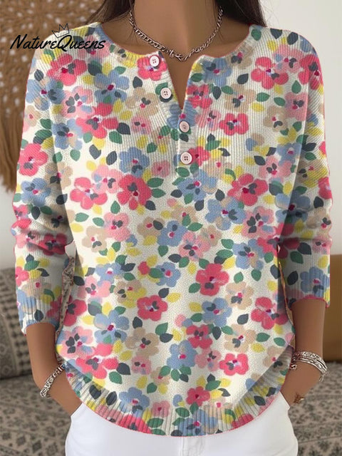 Women's Floral Pattern Art Print Buttoned Cardigan Sweater