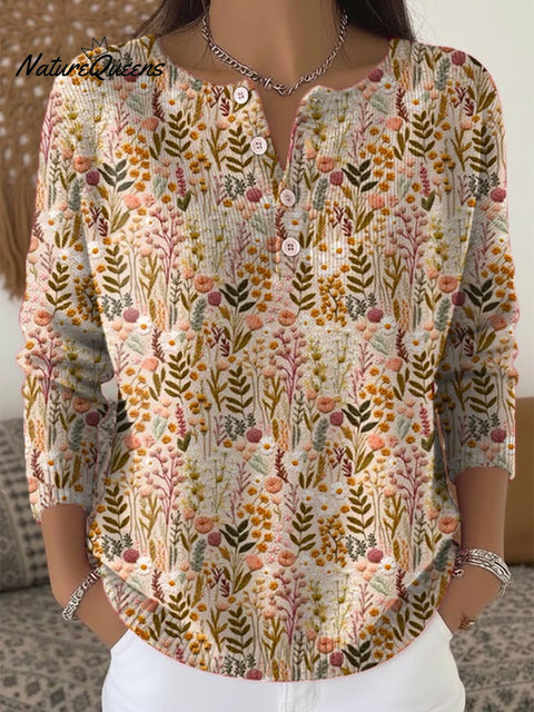 Women's Floral Pattern Art Print Buttoned Cardigan Sweater