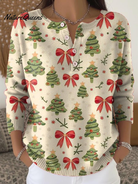 Women's Christmas Tree Pattern Art Print Buttoned Cardigan Sweater