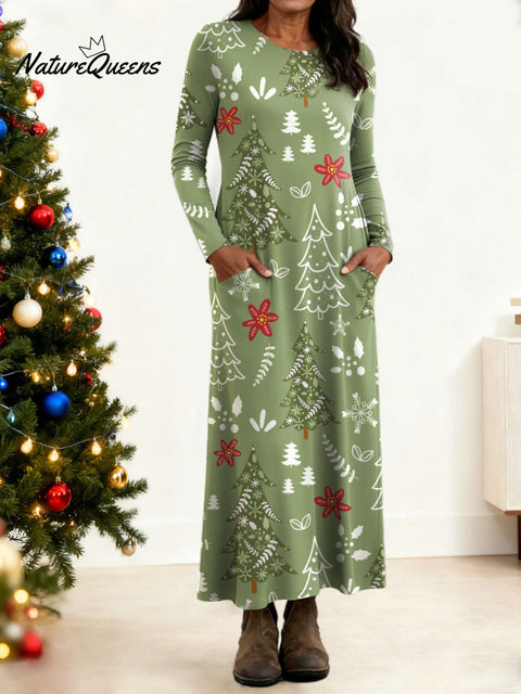 Women's Christmas Tree Pattern Art Print Long-sleeved Dress