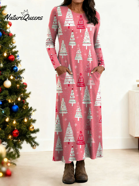 Women's Christmas Tree Pattern Art Print Long-sleeved Dress