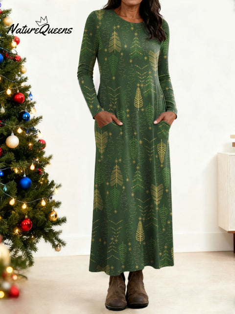 Women's Christmas Tree Pattern Art Print Long-sleeved Dress