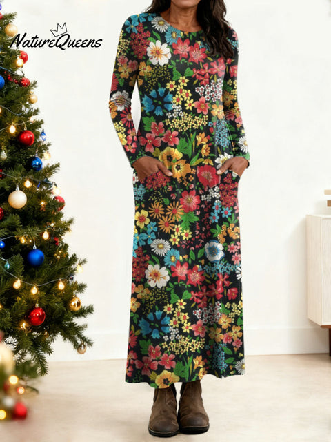 Women's Floral Pattern Art Print Long-sleeved Dress