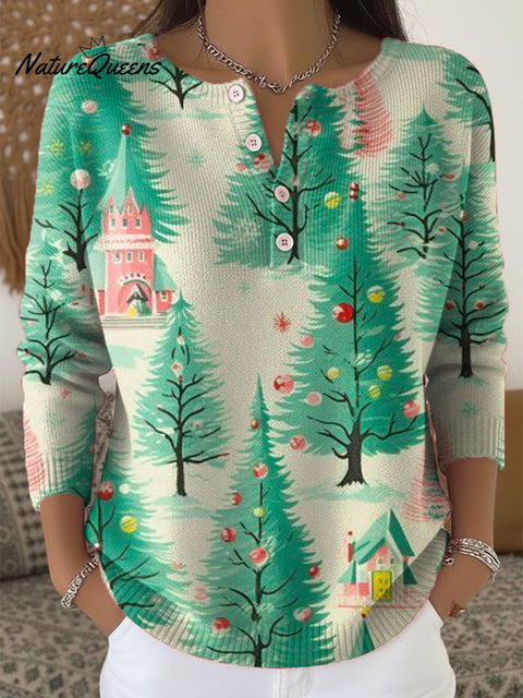 Women's Christmas Tree Art Print Buttoned Cardigan Sweater