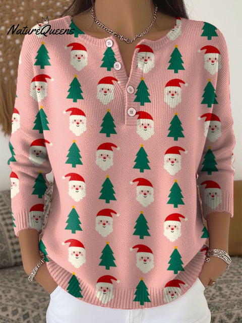 Women's Christmas Tree Santa Art Print Buttoned Cardigan Sweater