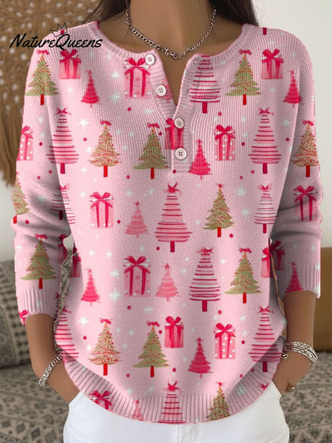 Women's Christmas Tree Art Print Buttoned Cardigan Sweater