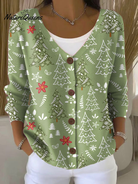 Women's Christmas Tree Art Print Buttoned V-neck Cardigan Sweater